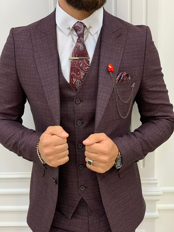 Burgundy Slim Fit Peak Lapel Suit for Men by BespokeDailyShop.com with Free Worldwide Shipping