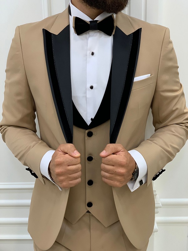 Gold Slim Fit Velvet Peak Lapel Tuxedo for Men by BespokeDailyShop.com with Free Worldwide Shipping