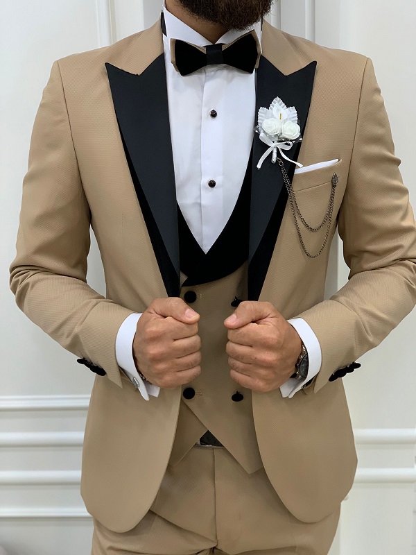 Golden Slim Fit Velvet Peak Lapel Tuxedo for Men by BespokeDailyShop.com with Free Worldwide Shipping