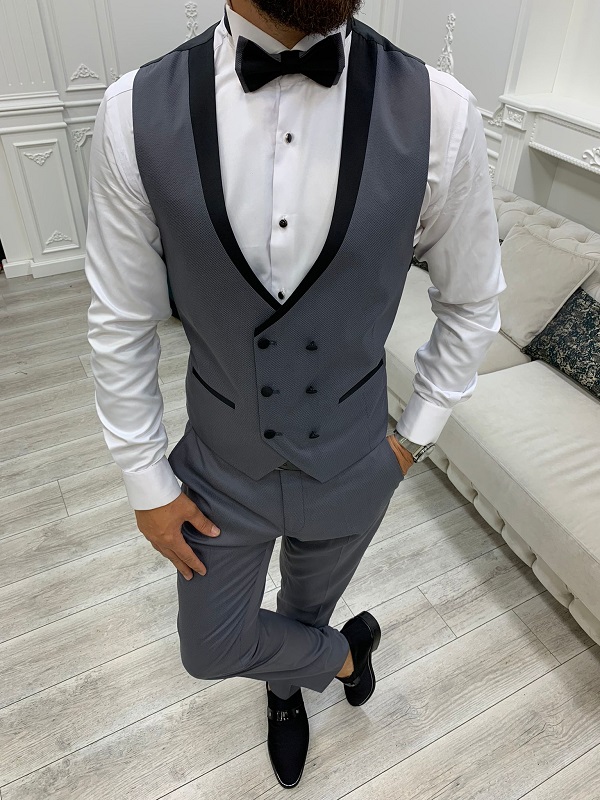 Gray Slim Fit Peak Lapel Tuxedo for Men by BespokeDailyShop.com with Free Worldwide Shipping