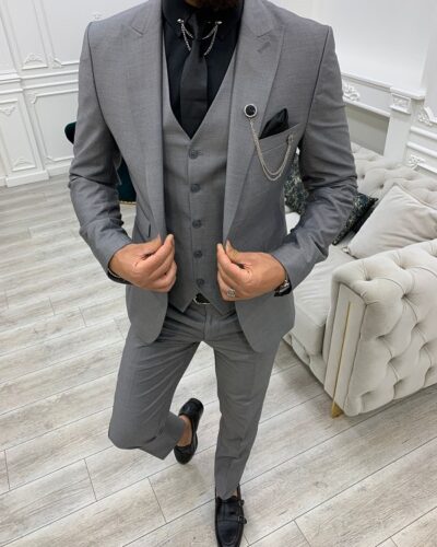 Gray Slim Fit Peak Lapel Suit for Men by BespokeDailyShop.com with Free Worldwide Shipping