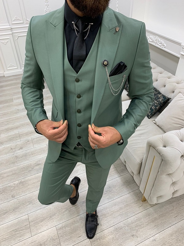 Light Green Slim Fit Peak Lapel Suit for Men by BespokeDailyShop.com with Free Worldwide Shipping