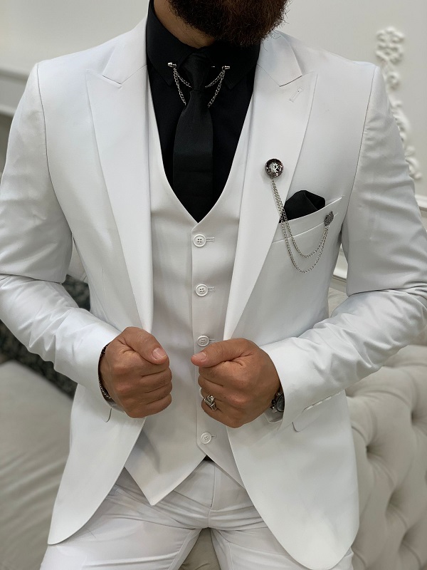 White Slim Fit Peak Lapel Suit for Men by BespokeDailyShop.com with Free Worldwide Shipping
