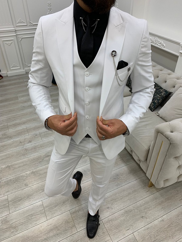 White Slim Fit Peak Lapel Suit for Men by BespokeDailyShop.com with Free Worldwide Shipping