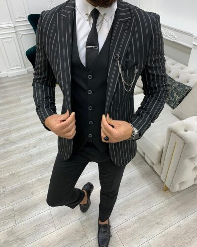 Black Slim Fit Peak Lapel Striped Suit for Men by BespokeDailyShop.com with Free Worldwide Shipping
