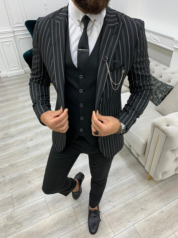 Black Slim Fit Peak Lapel Striped Suit for Men by BespokeDailyShop.com with Free Worldwide Shipping