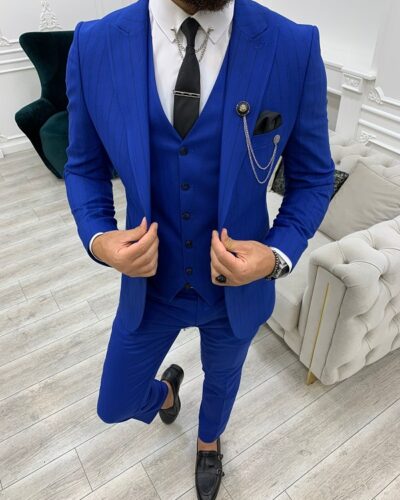 Blue Slim Fit Peak Lapel Striped Suit for Men by BespokeDailyShop.com with Free Worldwide Shipping
