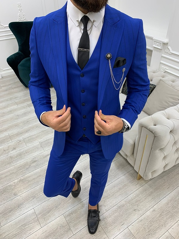 Blue Slim Fit Peak Lapel Striped Suit for Men by BespokeDailyShop.com with Free Worldwide Shipping