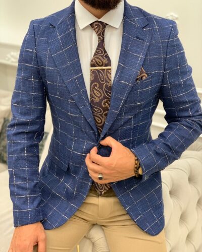 Blue Slim Fit Plaid Blazer for Men by BespokeDailyShop.com with Free Worldwide Shipping