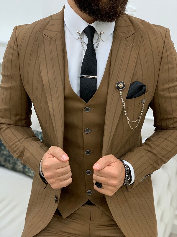 Brown Slim Fit Peak Lapel Striped Suit for Men by BespokeDailyShop.com with Free Worldwide Shipping