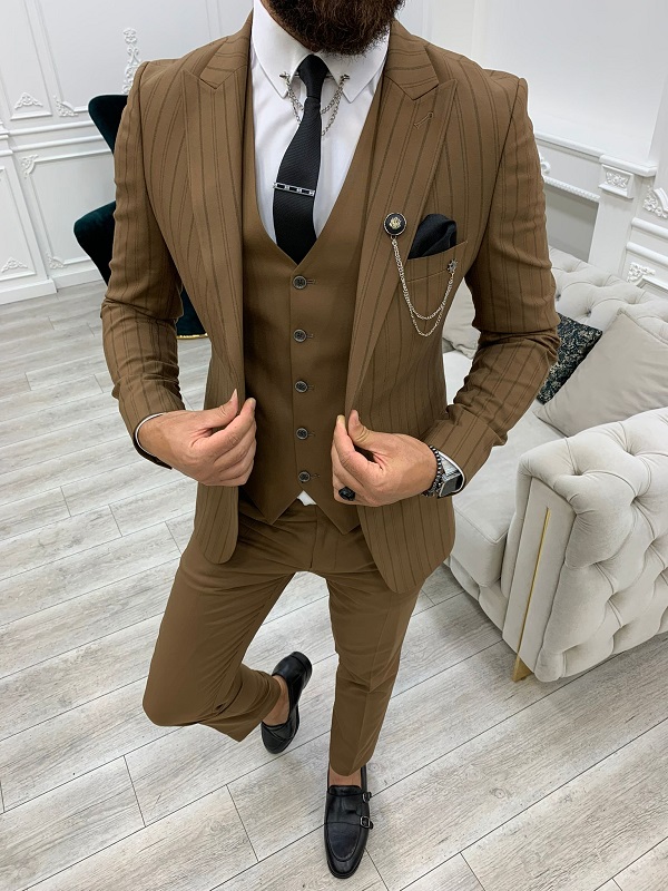 Brown Slim Fit Peak Lapel Striped Suit for Men by BespokeDailyShop.com with Free Worldwide Shipping