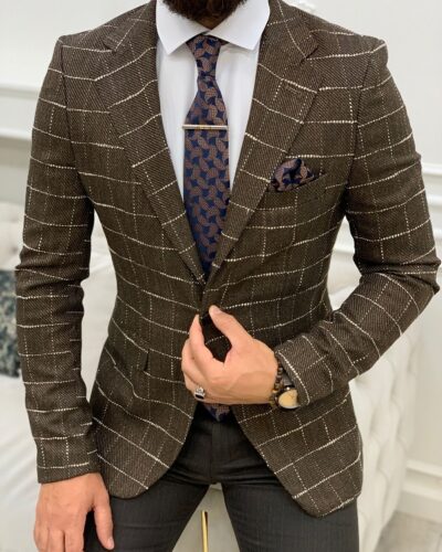 Brown Slim Fit Plaid Blazer for Men by BespokeDailyShop.com with Free Worldwide Shipping