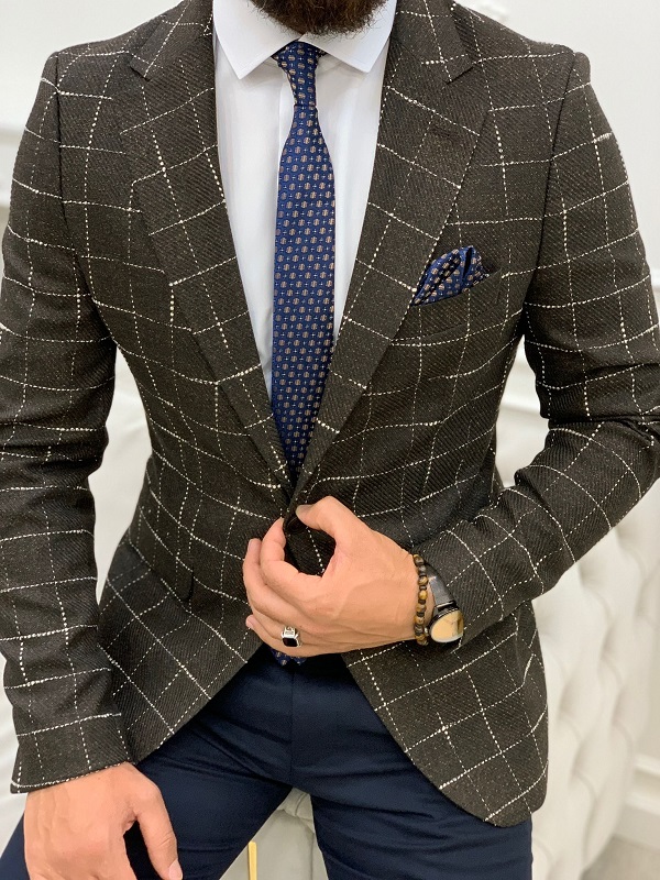 Coffee Slim Fit Plaid Blazer for Men by BespokeDailyShop.com with Free Worldwide Shipping