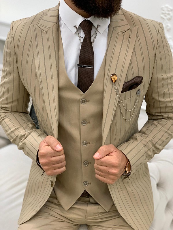 Cream Slim Fit Peak Lapel Striped Suit for Men by BespokeDailyShop.com with Free Worldwide Shipping