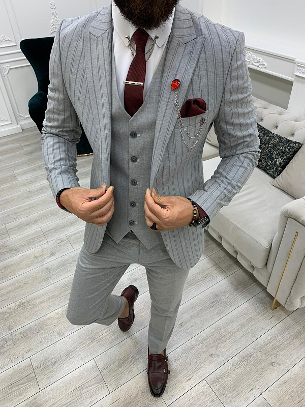 Gray Slim Fit Peak Lapel Striped Suit for Men by BespokeDailyShop.com with Free Worldwide Shipping