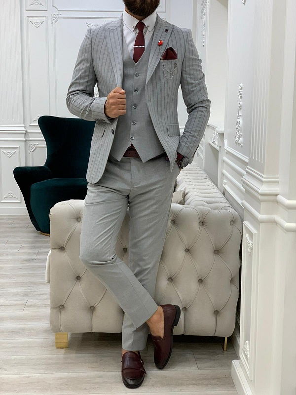 Gray Slim Fit Peak Lapel Striped Suit for Men by BespokeDailyShop.com with Free Worldwide Shipping