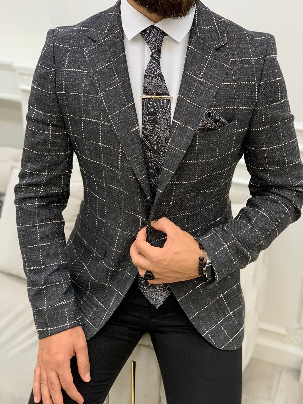 Gray Slim Fit Plaid Blazer for Men by BespokeDailyShop.com with Free Worldwide Shipping