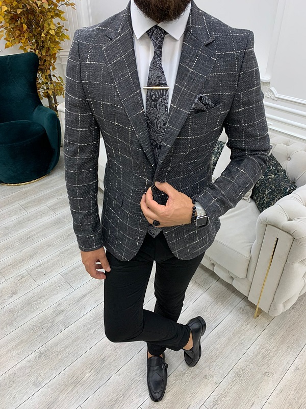 Gray Slim Fit Plaid Blazer for Men by BespokeDailyShop.com with Free Worldwide Shipping