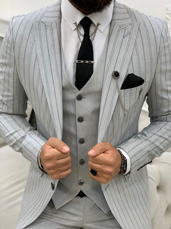 Light Gray Slim Fit Peak Lapel Striped Suit for Men by BespokeDailyShop.com with Free Worldwide Shipping