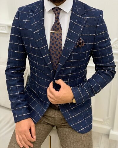 Navy Blue Slim Fit Plaid Blazer for Men by BespokeDailyShop.com with Free Worldwide Shipping