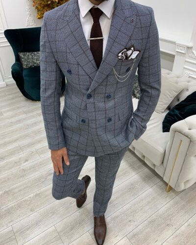 Blue Slim Fit Double Breasted Plaid Suit for Men by BespokeDailyShop.com with Free Worldwide Shipping