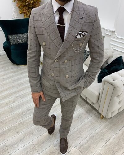Light Brown Slim Fit Double Breasted Plaid Suit for Men by BespokeDailyShop.com with Free Worldwide Shipping