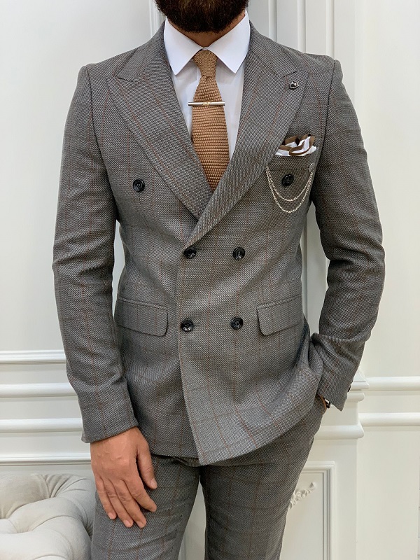 Light Gray Slim Fit Double Breasted Plaid Suit for Men by BespokeDailyShop.com with Free Worldwide Shipping