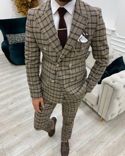 Brown Slim Fit Double Breasted Plaid Suit for Men by BespokeDailyShop.com with Free Worldwide Shipping