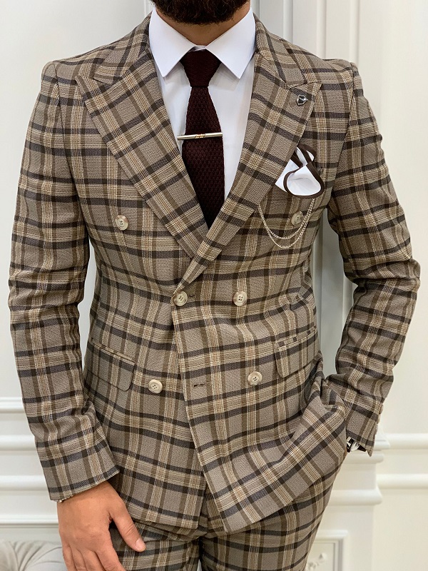 Brown Slim Fit Double Breasted Plaid Suit for Men by BespokeDailyShop.com with Free Worldwide Shipping
