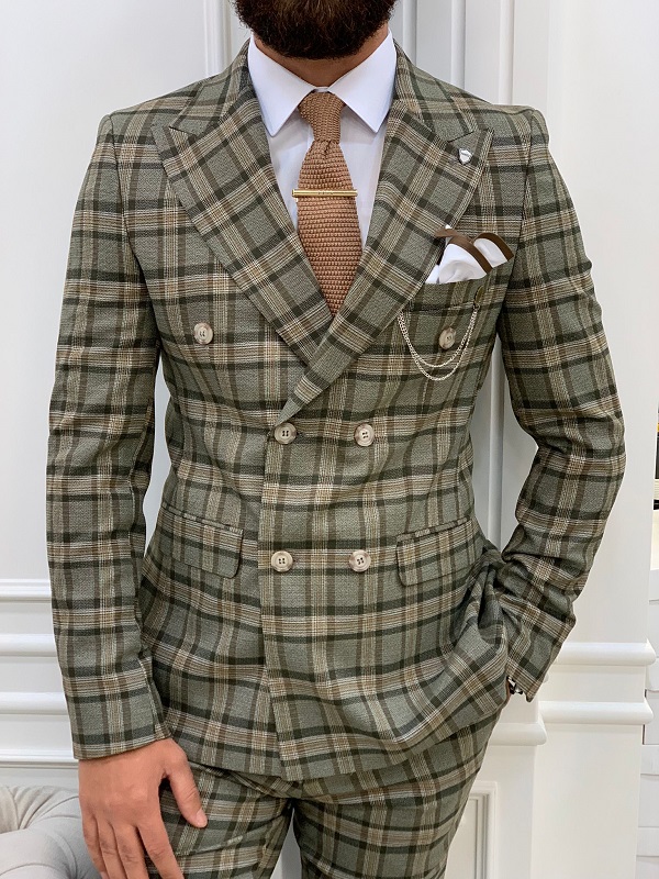 Khaki Slim Fit Double Breasted Plaid Suit for Men by BespokeDailyShop.com with Free Worldwide Shipping