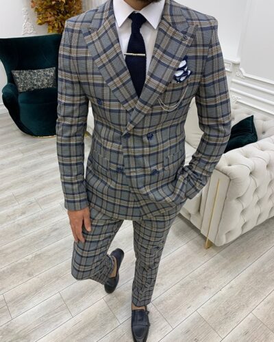 Purple Slim Fit Double Breasted Plaid Suit for Men by BespokeDailyShop.com with Free Worldwide Shipping