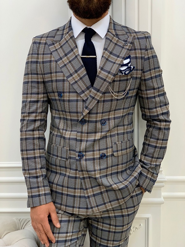 Navy Blue Slim Fit Double Breasted Plaid Suit for Men by BespokeDailyShop.com with Free Worldwide Shipping
