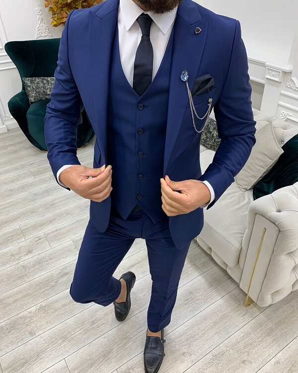 Navy Blue Slim Fit Peak Lapel Suit For Men By