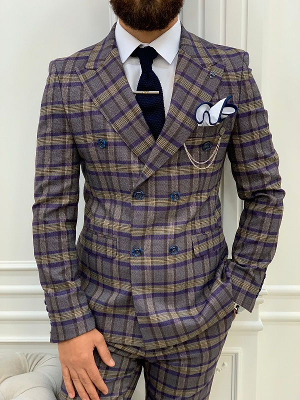 Khaki Slim Fit Double Breasted Plaid Suit for Men by BespokeDailyShop.com with Free Worldwide Shipping