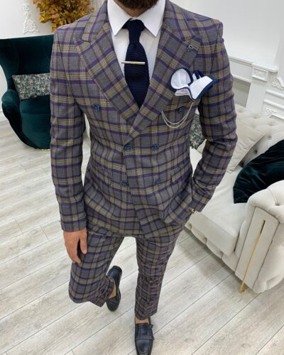 Purple Slim Fit Double Breasted Plaid Suit for Men by BespokeDailyShop.com with Free Worldwide Shipping