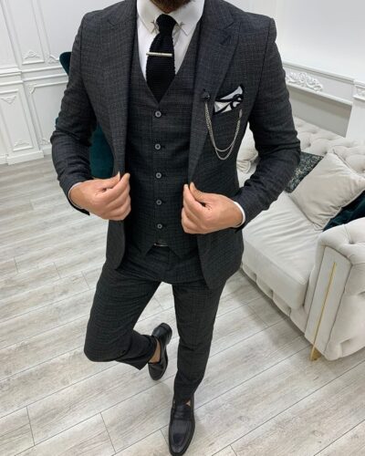 Black Slim Fit Peak Lapel Suit for Men by BespokeDailyShop.com with Free Worldwide Shipping
