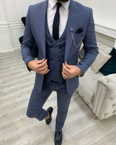 Blue Slim Fit Peak Lapel Suit for Men by BespokeDailyShop.com with Free Worldwide Shipping