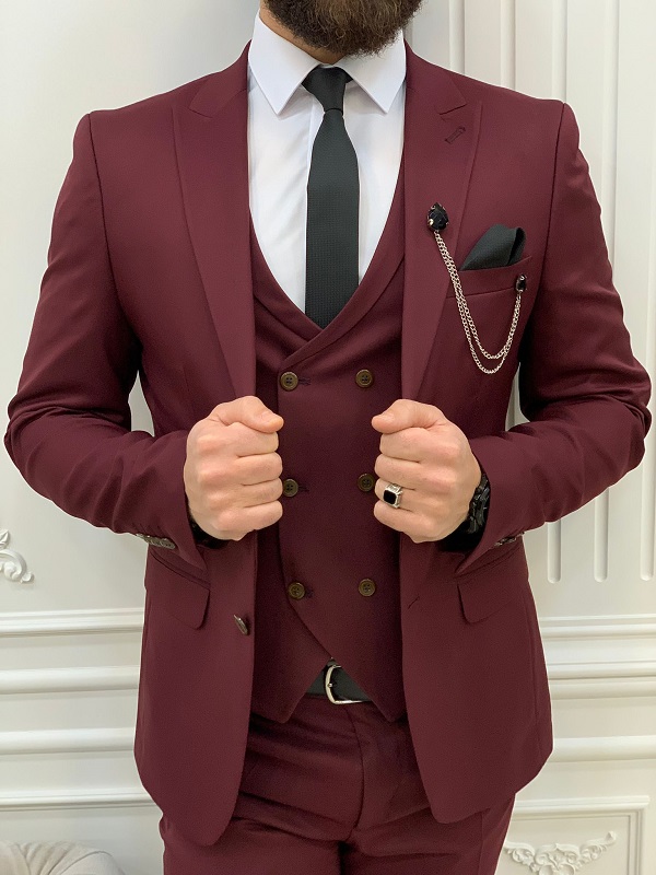 Burgundy Slim Fit Peak Lapel Suit for Men by BespokeDailyShop.com with Free Worldwide Shipping