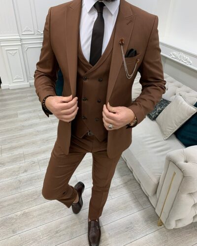 Dark Brown Slim Fit Peak Lapel Suit for Men by BespokeDailyShop.com with Free Worldwide Shipping