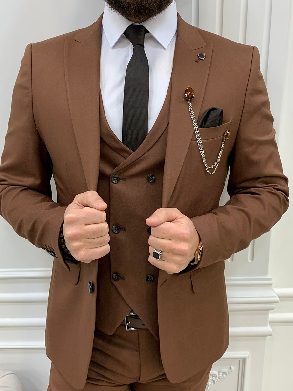 Dark Brown Slim Fit Peak Lapel Suit for Men by BespokeDailyShop.com with Free Worldwide Shipping