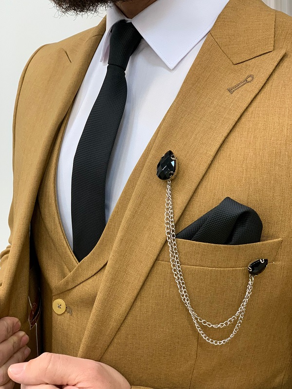 Mustard Slim Fit Peak Lapel Suit for Men by BespokeDailyShop.com with Free Worldwide Shipping