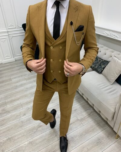 Mustard Slim Fit Peak Lapel Suit for Men by BespokeDailyShop.com with Free Worldwide Shipping