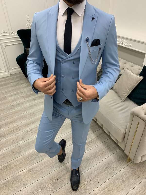 Sky Blue Slim Fit Peak Lapel Suit for Men by BespokeDailyShop.com with Free Worldwide Shipping