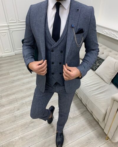 Blue Slim Fit Peak Lapel Crosshatch Suit for Men by BespokeDailyShop.com with Free Worldwide Shipping