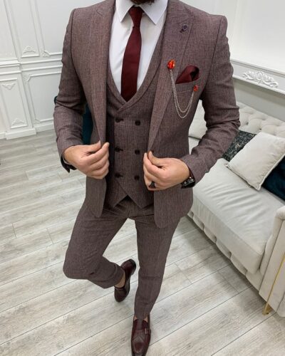 Burgundy Slim Fit Peak Lapel Crosshatch Suit for Men by BespokeDailyShop.com with Free Worldwide Shipping