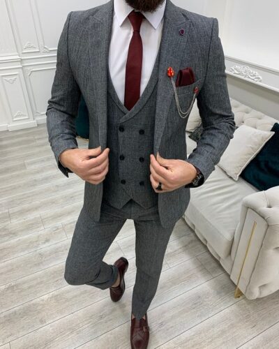 Dark Gray Slim Fit Peak Lapel Crosshatch Suit for Men by BespokeDailyShop.com with Free Worldwide Shipping