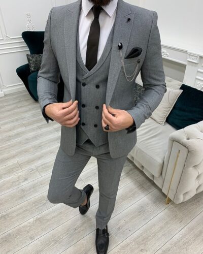 Gray Slim Fit Peak Lapel Crosshatch Suit for Men by BespokeDailyShop.com with Free Worldwide Shipping