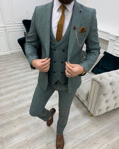 Green Slim Fit Peak Lapel Crosshatch Suit for Men by BespokeDailyShop.com with Free Worldwide Shipping