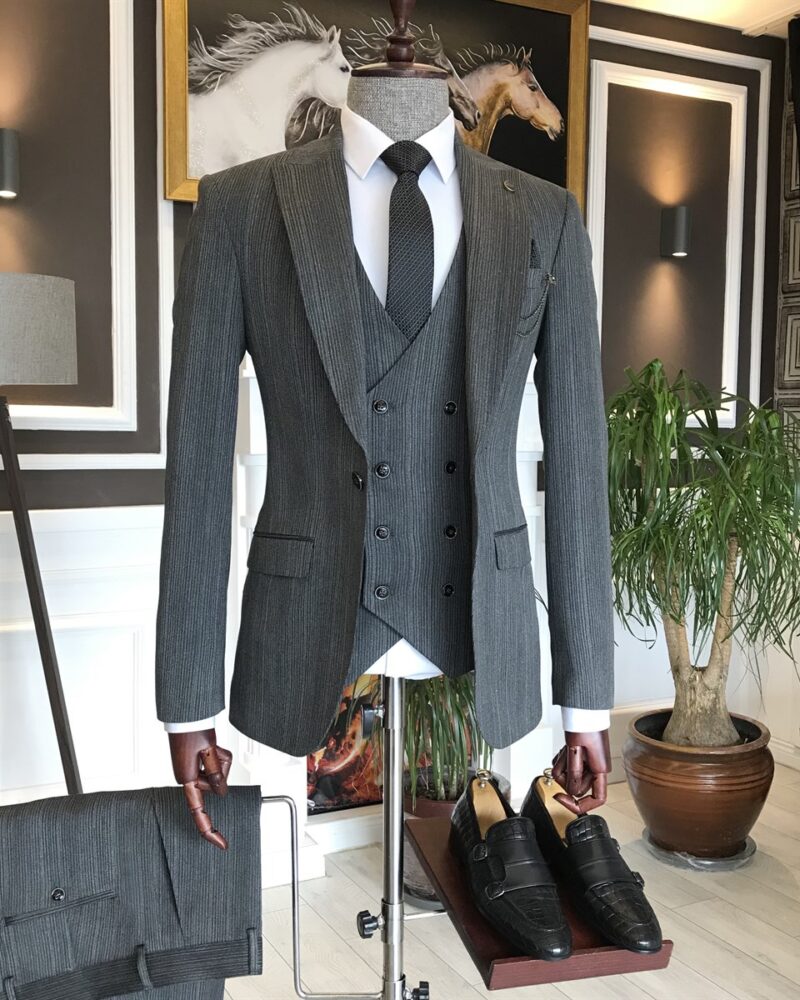 Gray Slim Fit Striped Suit for Men by BespokeDailyShop.com