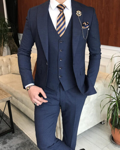 Navy Blue Italian Style Peak Lapel Suit for Men | BespokeaDailyShop.com